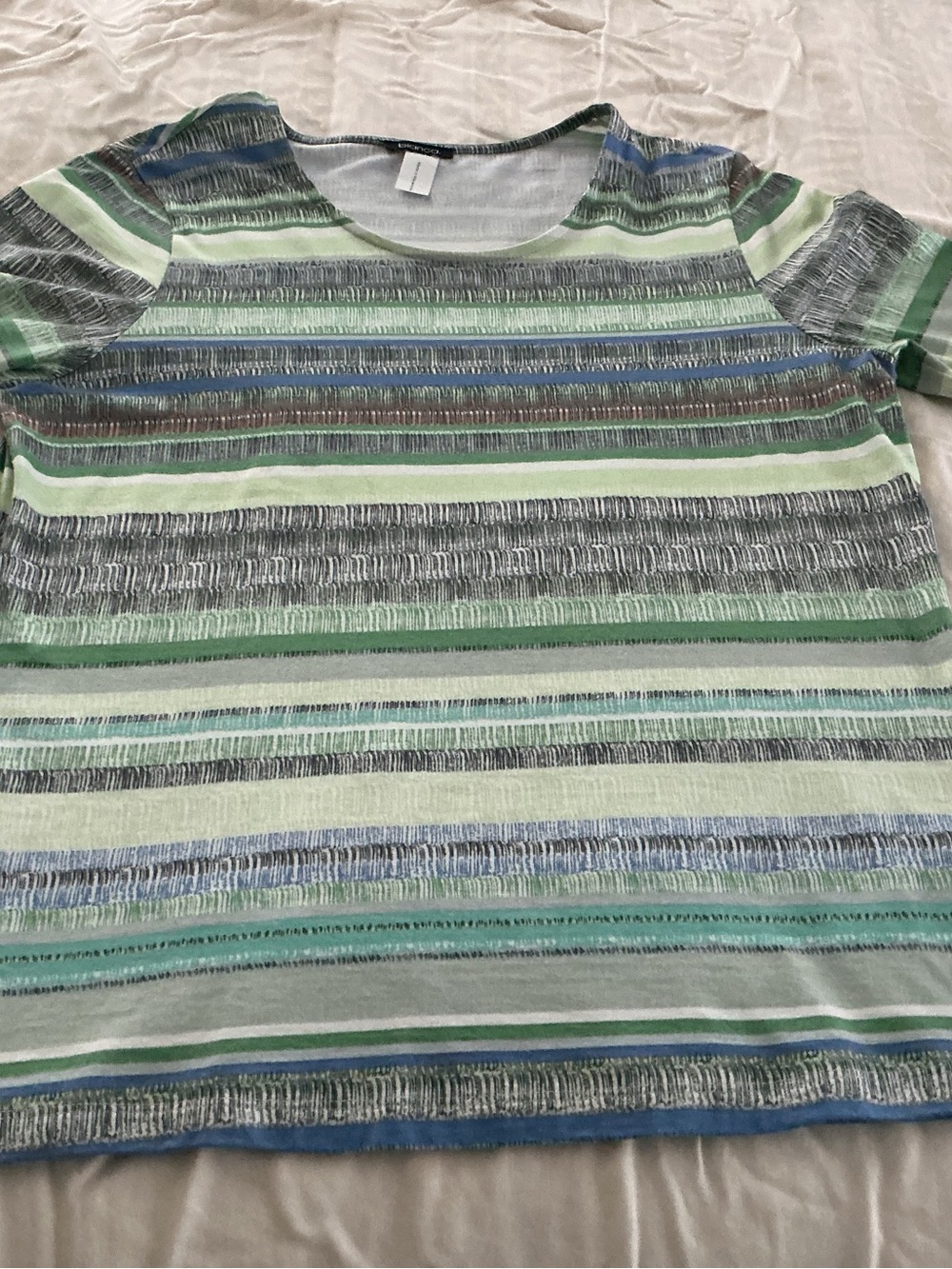 Women's Short-Sleeve Striped Crewneck Tee in Green and Blue